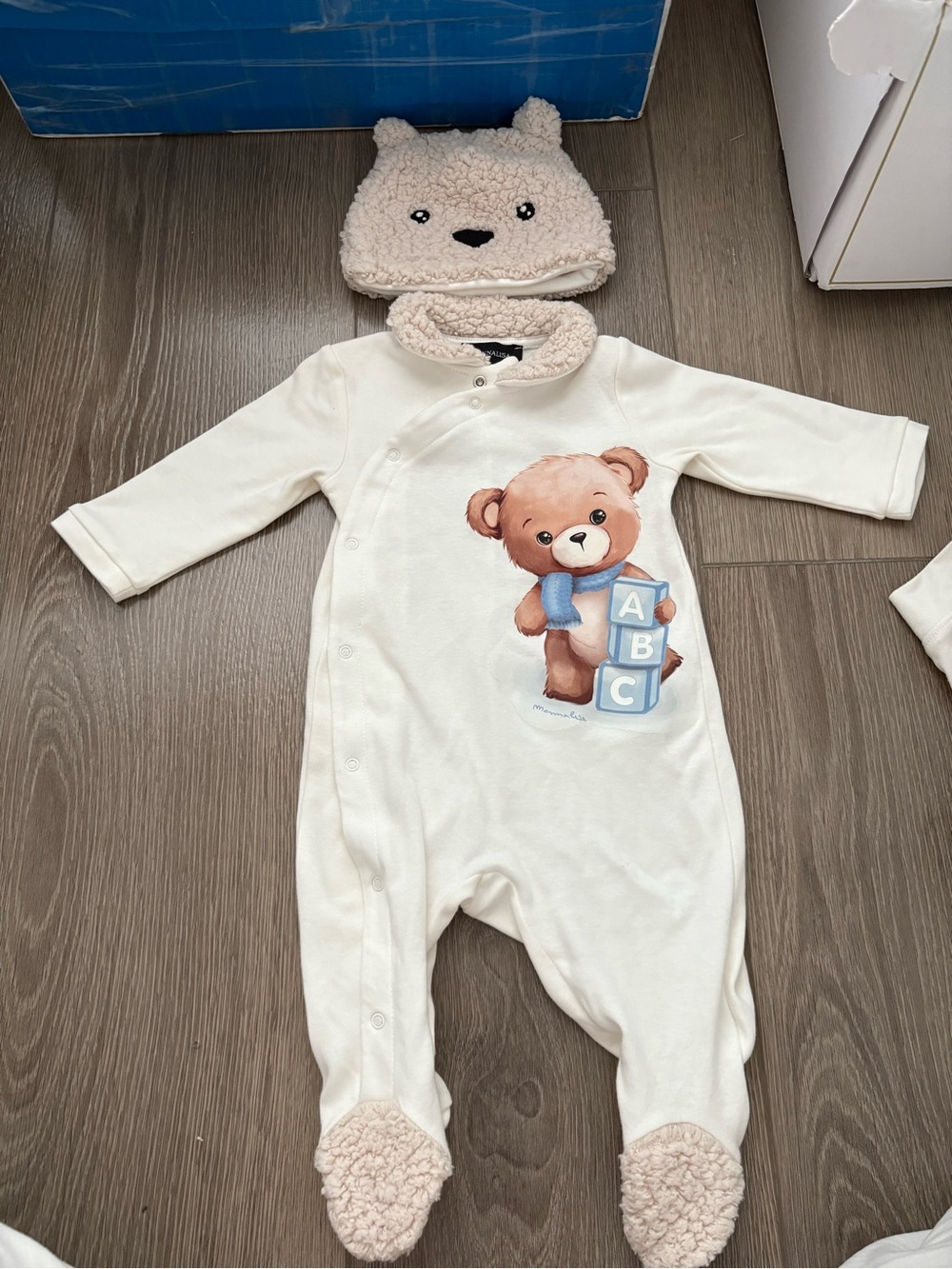 MonnaLisa Cream Footed Teddy One-Piece with Blue Block Print